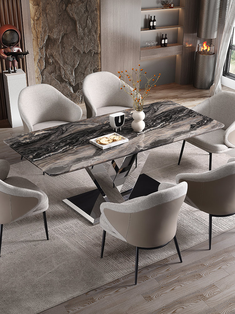 韫玉 简约设计款 餐桌 不锈钢镜面 威尼斯棕大理石 餐厅 #CT-315#