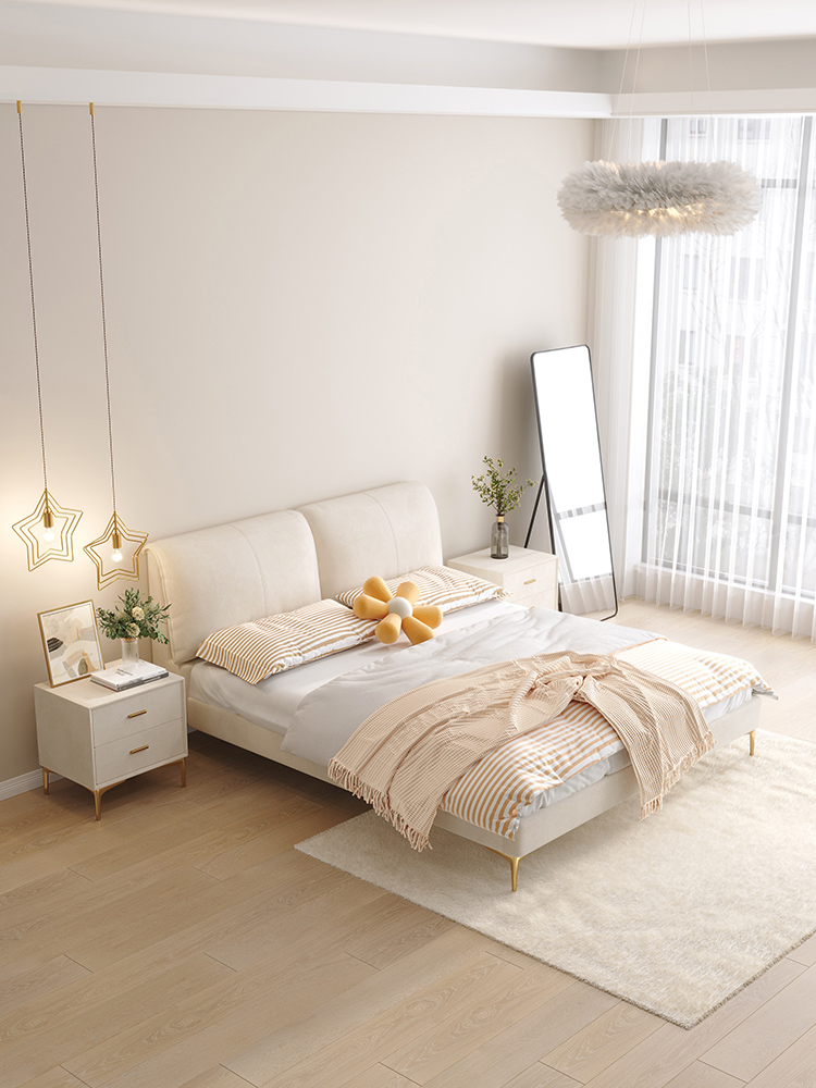 沐露梳风 奶油风 科技绒布床 现代 卧室 实木框架 #RE809科技绒布床#
