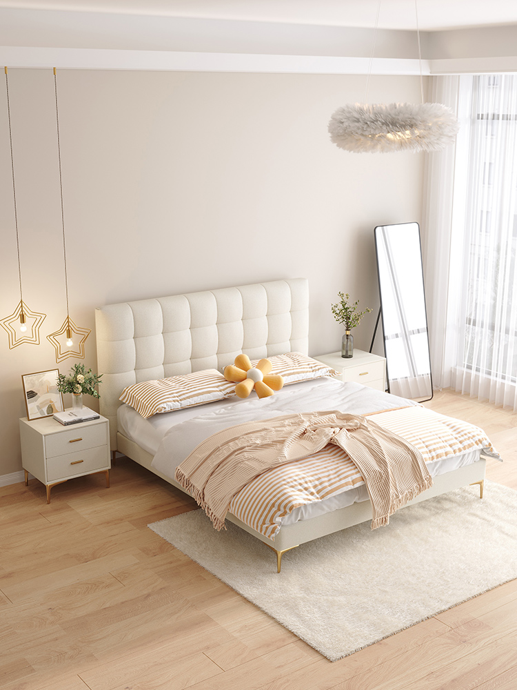 沐露梳风 奶油风 科技布床 现代 卧室 实木内框架 #HLM813科技布床（无高箱款）#