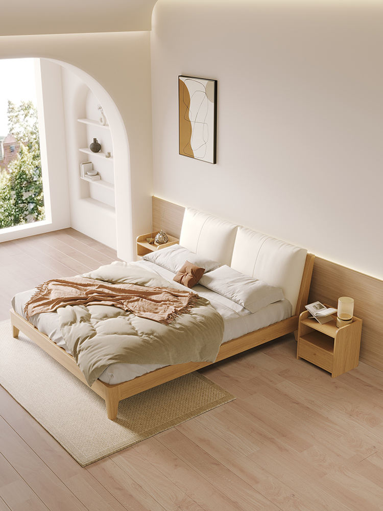 沐露梳风 现代原木风 双人床带靠枕 卧室 环保免漆高密度板框架 #HLM#703（板木框架床） +013靠枕#