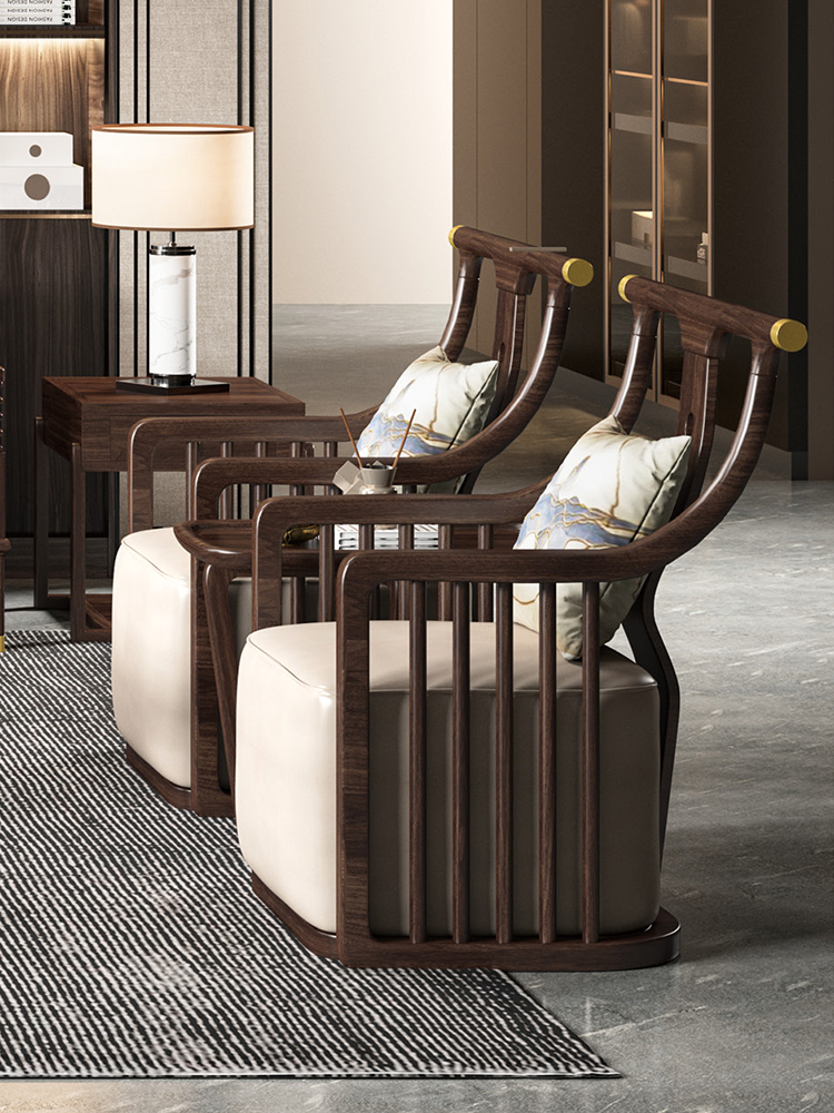 匠云越 新中式 休闲椅 客厅 乌金木 有机硅皮 舒适 #JRZS-1001#